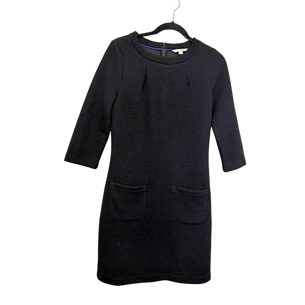Boden Navy Blue Quilted Diamond Texture Shift Dress 3/4 Sleeve Pockets 4R